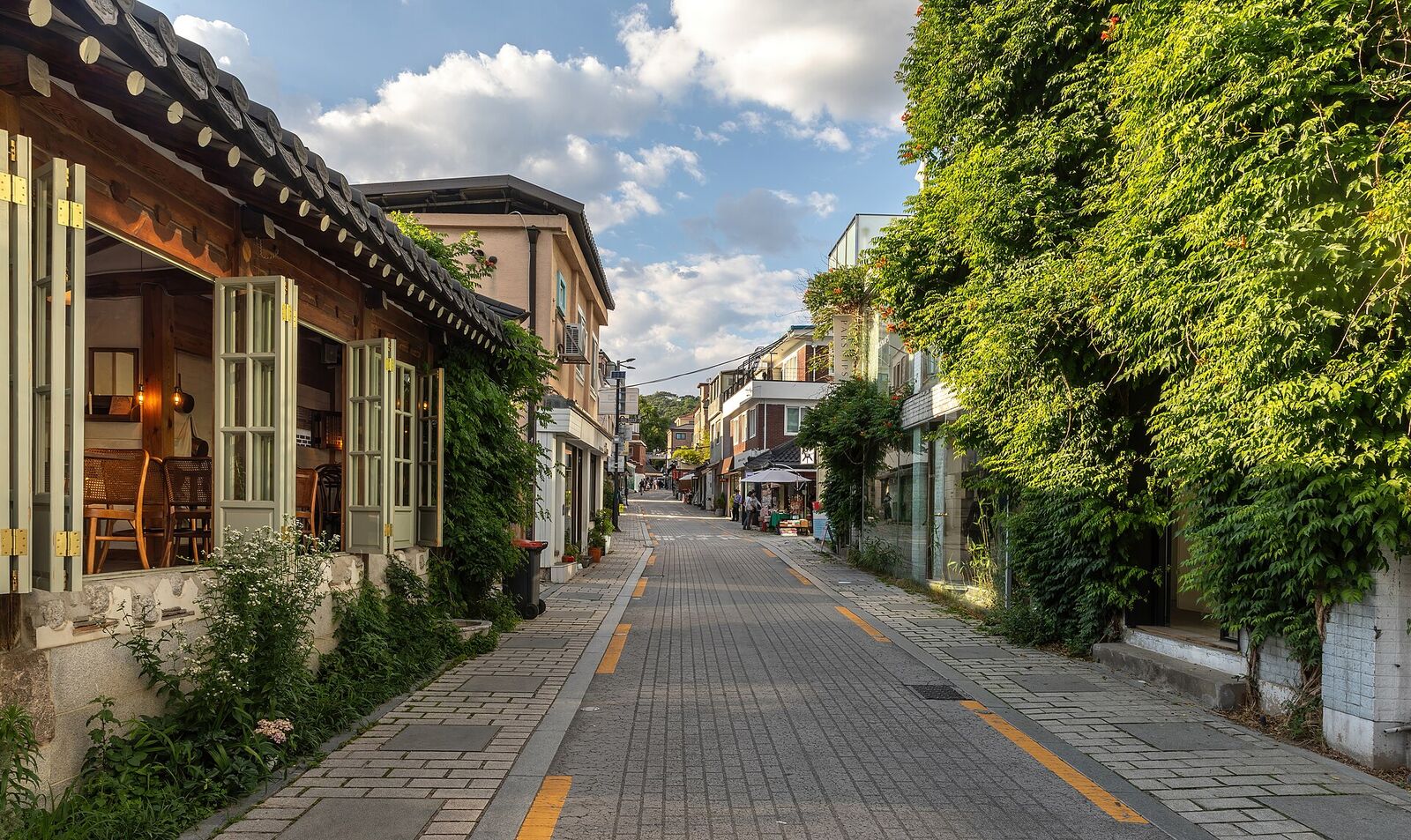Rue Gyedong-gil bordée de plantes grimpantes à l'heure dorée